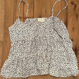 Boutique spagetti strap shirt black cream polka dot size large